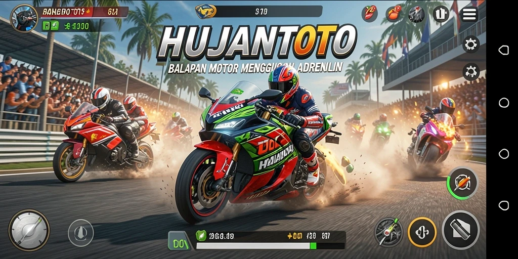 Screenshot HUJANTOTO menampilkan aksi balapan motor yang memukau.
