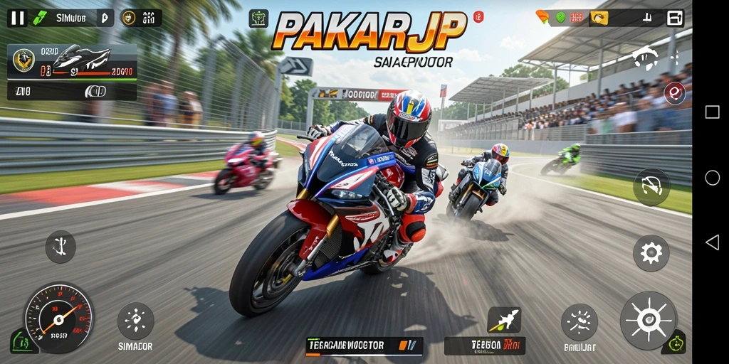 Tampilan gameplay PAKARJP dengan sepeda motor melaju kencang di lintasan.