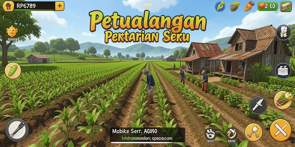 Tampilan gameplay RP6789 dengan ladang hijau subur dan hewan ternak.
